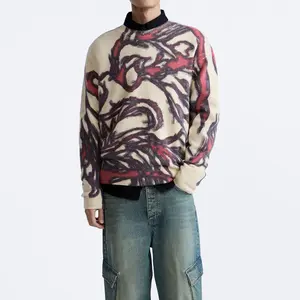 Suéter de malha com estampa de logotipo personalizado para homens, pulôver de malha com gola redonda de algodão, suéter de inverno de lã de alpaca para homens, logotipo personalizado de OEM e ODM