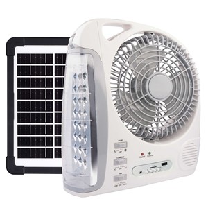 Ventilateur solaire portable avec panneau solaire rechargeable, lumière LED 8 pouces, radio <span class=keywords><strong>FM</strong></span>, charge USB pour le camping et les situations d'urgence - Product Image 2