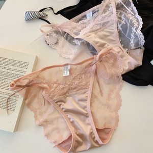 Culotte string rose en dentelle avec nœud papillon, design ajouré transparent, sous-vêtements pour femme, tissu extensible et doux, coupe classique - Product Image 2
