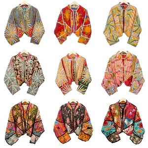 Handmade Vintage 100% Cotton <b>Kantha</b> Quilted Breathable Nonwoven <b>Jacket</b> Block Print Floral Design Mandarin Collar Winter Summer - Product Image 1