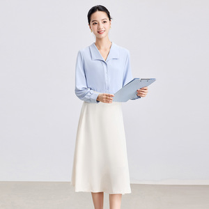 Women's White Shirt Black Skirt Set Long Sleeve Solid Color Anti-Wrinkle Professional Workwear Outfit - Product Image 4