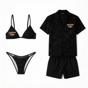 Conjunto de Bikini Negro Hawaiano para Pareja, Traje de Baño para Ella y Él, Camisa y Pantalones Cortos de Playa para Hombre, Proveedor de Marca Privada - Product Image 3