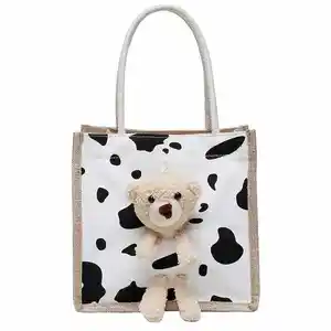 Wholesale Female bag bear shoulder portable fashion cute canvas cartoon cow pattern tote bag