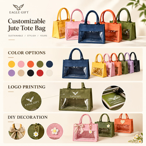 Bolsas de Yute Extra Grandes al por Mayor con Ventana Transparente y Patrón de Letras, Asa Larga, Portátiles, para Regalos y Compras - Product Image 6