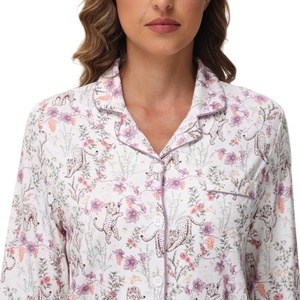 Pijamas de Algodón con Estampado Floral de Manga Larga Personalizados, Conjuntos de Pijamas Personalizados con Ribete, Ropa de Dormir de Bambú para Mujer - Product Image 3