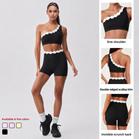 Ensemble de yoga 2 pièces personnalisé avec logo, bordure festonnée, soutien-gorge de sport asymétrique et short cycliste taille haute pour femme, tenue de sport