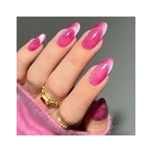 Cherry pink bling cat eyes false pressure glue capsule nails faux ongles press on nails in bulk private label fake nails