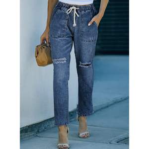 2025 femmes taille haute déchiré Denim Joggers bleu Cargo pantalon avec Pull élastique cordon taille évasé Style-taille 4 - Product Image 2