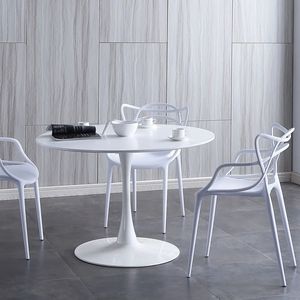 Table à manger ronde simple en MDF avec pieds en métal, design tulipe, base en piédestal, couleur blanche - Product Image 4