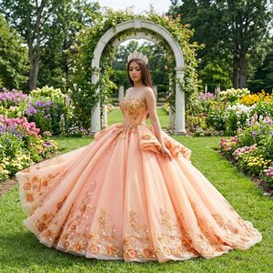 Vestido de Quinceañera de Lujo Dy6934, Sin Tirantes, Color Naranja, de Gasa, con Apliques Florales 3D y Lentejuelas, para Fiesta de Princesa o Baile de Graduación - Product Image 1