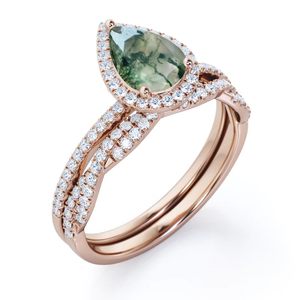 Shama Gems 1.5 Carat Pear Cut Moss Agate Bridal <b>Set</b> 925 Sterling <b>Silver</b> White Gold Plated Engraved Classic <b>Ring</b> - Product Image 5