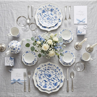 Service de vaisselle en céramique classique à bord festonné, décoratif, motif floral bleu, en porcelaine, pour cadeau de mariage, fête, table de réception