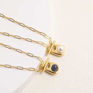 Powell moda Custom acciaio inox Ot Design <span class=keywords><strong>con</strong></span> bottone collana catena di graffette <span class=keywords><strong>con</strong></span> gemma di perle e agata intarsio pendente - Product Image 3