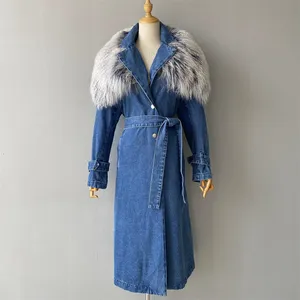 Casaco jeans longo para mulheres, casaco trench real de manga azul com gola de pele de ovelha, moda primavera 2024, moda de rua