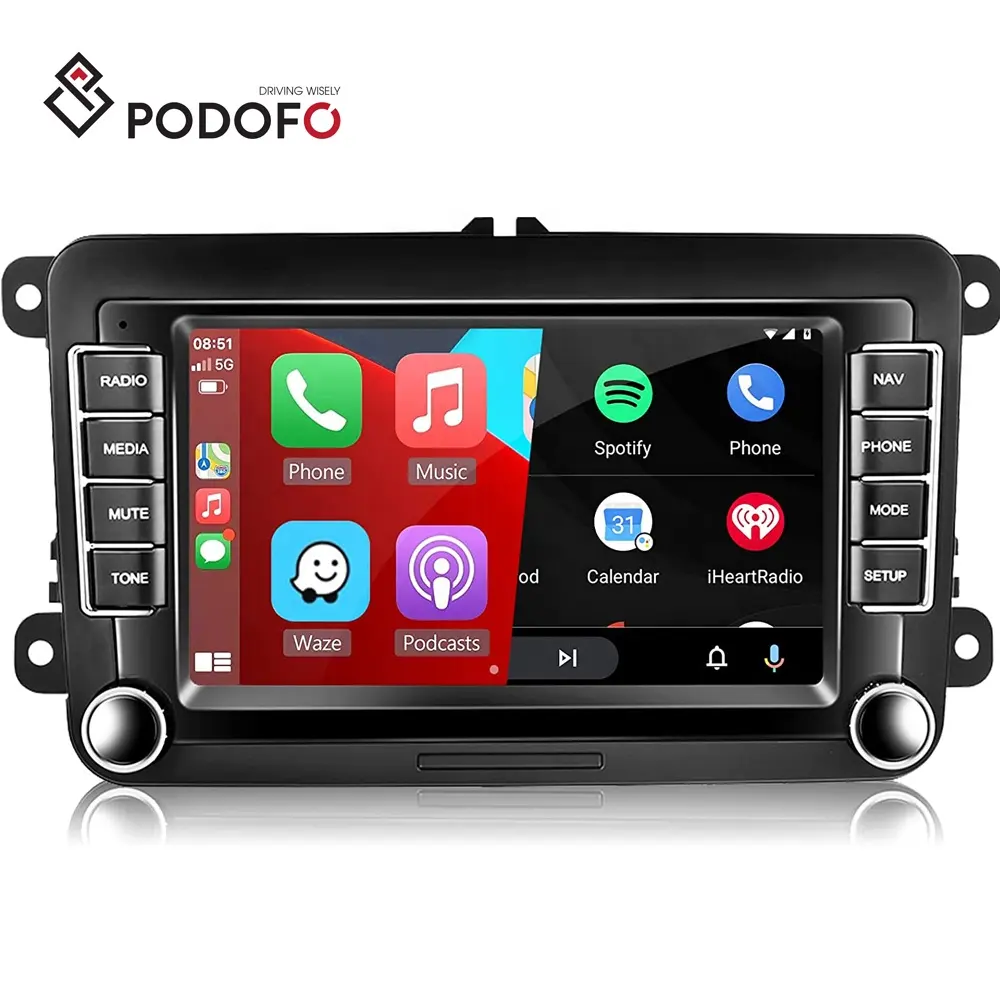 Podofo 2 + 64GB 7 ''Autoradio Android Autoradio Carplay & Android Auto GPS WiFi BT FM RDS Pour VW/PASSAT/SKODA/POLO/FABIA/GOLF 5/6