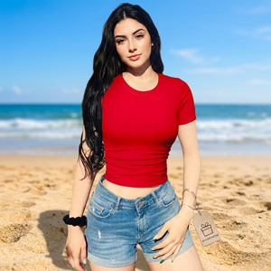 Women's <b>Red</b> Seamless <b>Crop</b> <b>Top</b> Short Sleeve Crew Neck Skinny Fit Solid Color Yoga Shirt for Gym Workout - Product Image 5
