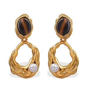 Pendientes de Oro con Ojo de Tigre, Diseño Irregular, Engaste de Bisel, para Uso Diario - Product Image 5