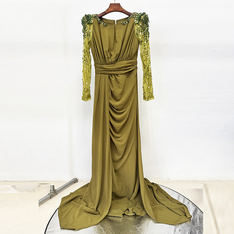 Luxury Olive Green Evening Dress Elegant Long Sleeve Beaded Maxi Gown Women  High Slit Formal Dresses for Party and Wedding| Alibaba.com