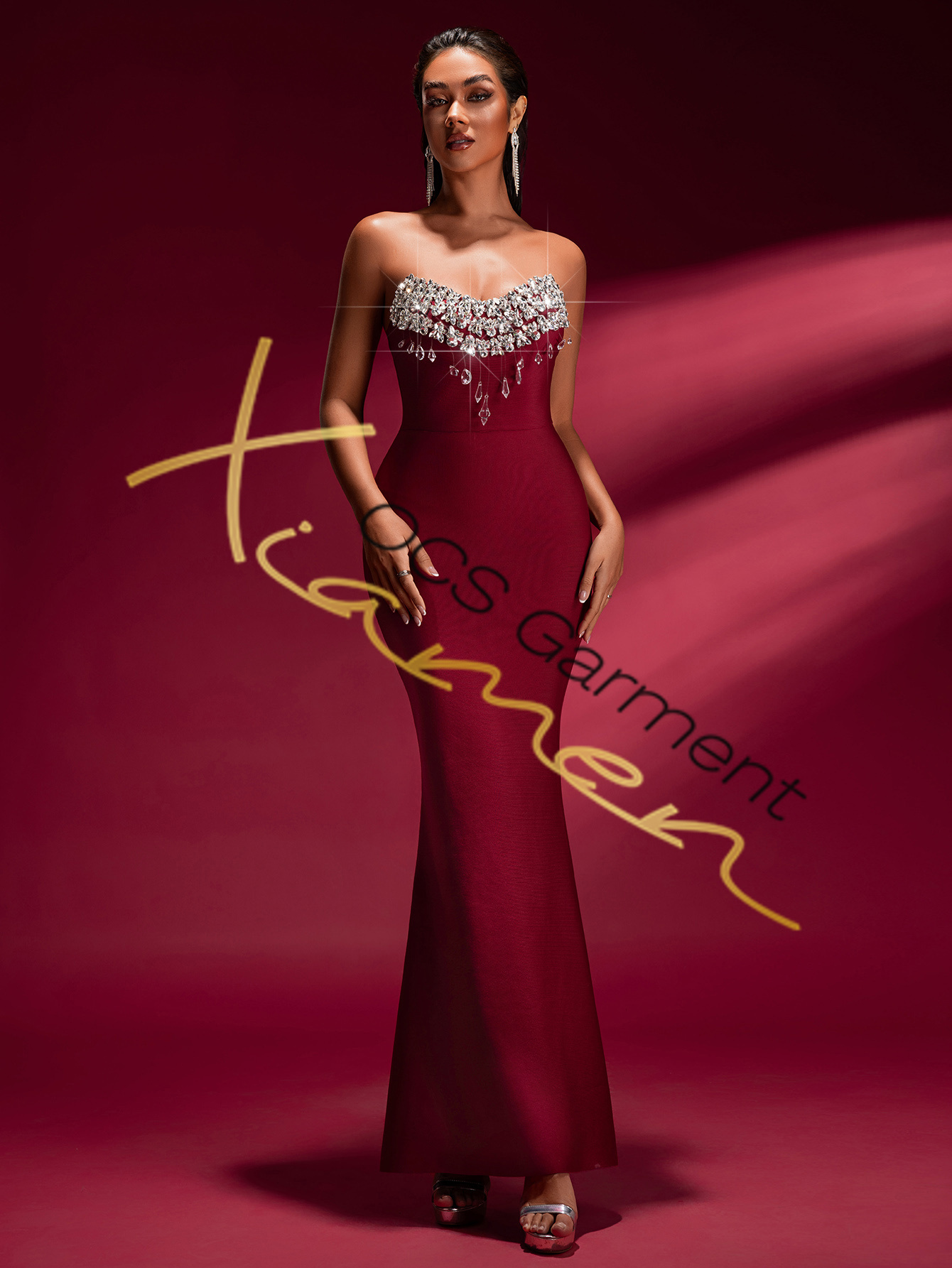 open lace back dress Valentine Red Pleated Maxi Dress with High Slit, M / Red