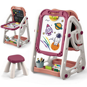 Chevalet double face pour <span class=keywords><strong>dessin</strong></span> et peinture, tableau blanc et noir, support réglable avec tabouret et marqueurs à craie, cadeau artistique pour enfants - Product Image 1