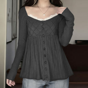 Suéter con cordones en la cintura, estilo dulce y femenino, moderno y cómodo, ajustado, de manga larga, para otoño e invierno. - Product Image 1