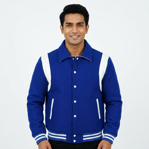 2025 OEM Men's Stand Collar Custom Blue Varsity Letterman Baseball College <b>Jacket</b> With White Leather Strip Winter <b>Heated</b> <b>Jacket</b> - Product Image 1
