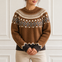 Maßgefertigter Damen-Fair-Isle-Strickpullover mit Rundhalsausschnitt in Mittelbraun mit Cremefarbenem Jocke – OEM/ODM-Fertigung