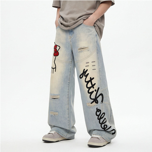 Jeans déchirés imprimés tendance pour hommes – Nouveauté printemps-été – Pantalons amples à jambe <span class=keywords><strong>large</strong></span>, <span class=keywords><strong>coupe</strong></span> <span class=keywords><strong>droite</strong></span> et <span class=keywords><strong>coupe</strong></span> incurvée style urbain - Product Image 5