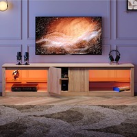 Console TV élégante en bois cannelé style ferme avec éclairage LED, meuble de rangement cannelé, étagères réglables et rangement ouvert