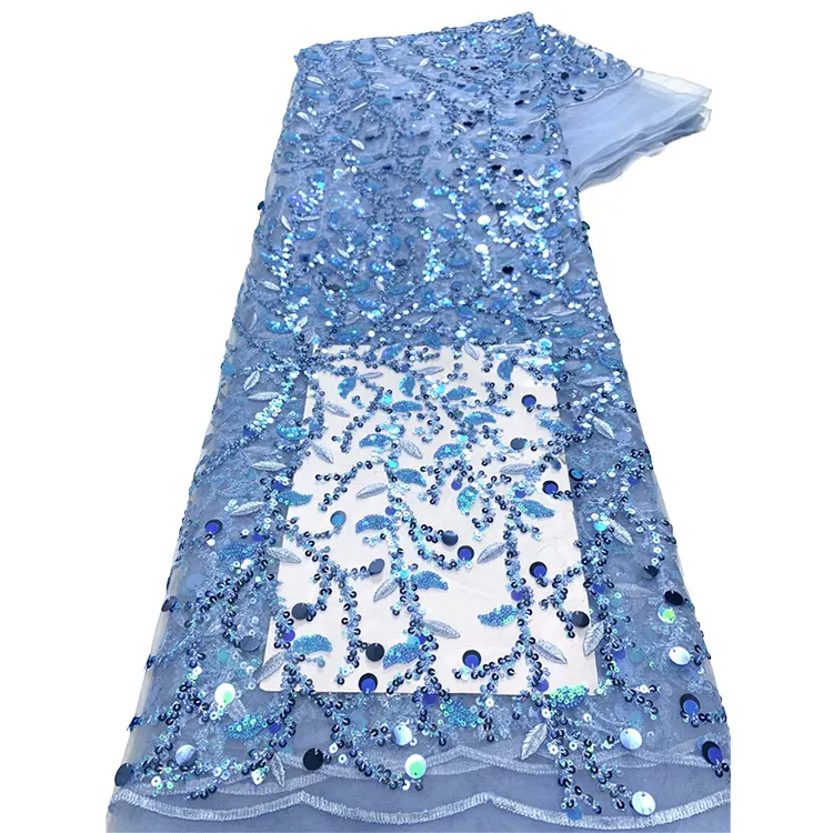Latest Style African Sequin Tulle Lace Sky Blue Nigeria Sequins Lace Designs For Party Dress