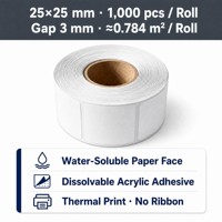 Rouleau d'étiquettes thermiques hydrosolubles 20x20mm 1000 pièces, adhésives écologiques sans résidu pour cafés et aliments