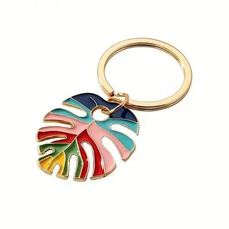 Keychain Shiny Gold Plated Metal Soft Enamel Wind Beach Leaves Key Chain Ring Pendant Creative Small Gift Keychain For Men