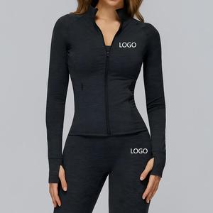 Vêtement de sport écologique à manches longues, coupe ajustée, avec logo sur le devant, fermeture éclair intégrale, pour activités de plein air, yoga, séchage rapide, col montant - Product Image 3