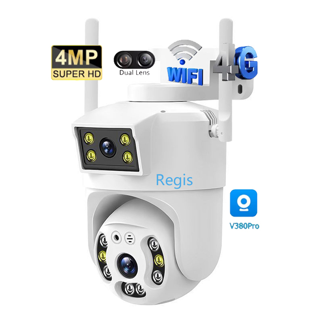 Regis V380 Pro 4G 4MP CMOS Dual Lens Dual Screen Human Detection Two Way Audio Security Wireless WiFi Outdoor Use PTZ IP Camera
