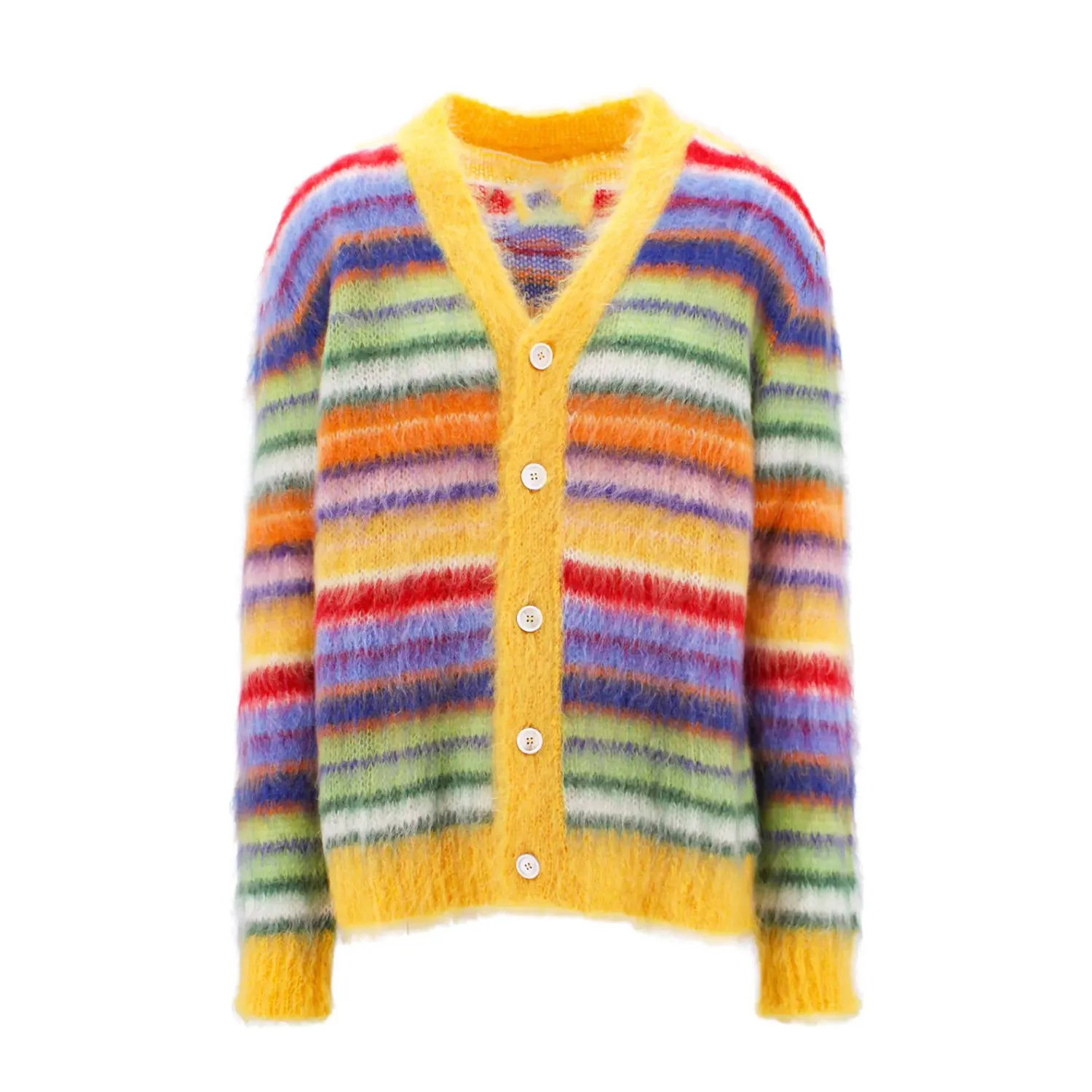 OEM/ODM Winter High Quality Custom LOGO Fuzzy Color Striped Mohair Knit V Neck Wool Cardigan Men's Sweater