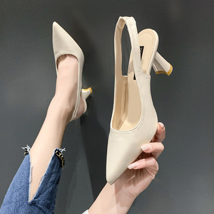 Sandalias de tacón alto sencillas con punta y botón de lazo, color nude, para mujer, de verano, con suela única, para después de la venta, de Baotou - Product Image 4