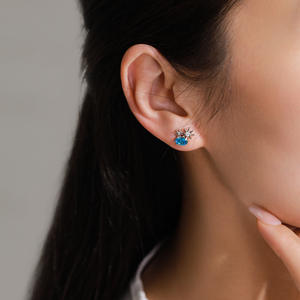 Boucles d'oreilles personnalisables en argent sterling S925 avec zircon bleu profond ovale, motif soleil et étoile - Exclusives pour femmes - Product Image 5