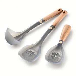 Ustensiles de cuisine en silicone résistant à la chaleur personnalisés, spatule, louche, cuillère à riz, ensemble de 3 pièces, poignées en bois, compatibles lave-vaisselle - Product Image 1