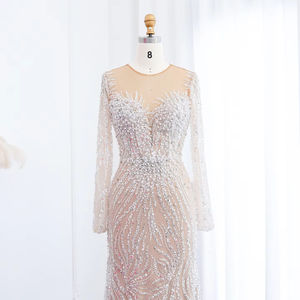Abiti da Sera di Lusso a Sirena Bianchi e Nude Stile Dubai per Donna Eleganti con Maniche Lunghe per Feste di Matrimonio LSZ111 - Product Image 3