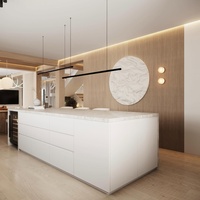 Meuble de cuisine moderne en contreplaqué laqué mélaminé brillant, armoire de rangement, placard, plan de travail en quartz, pierre frittée ou marbre