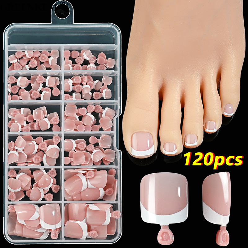 120Pcs Box French White Border Toe Nail Tips Bare Color Pink Square ...