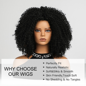 Perruque noire <span class=keywords><strong>cheveux</strong></span> <span class=keywords><strong>mi</strong></span>-longs vague super bouclée avec <span class=keywords><strong>frange</strong></span> perruque africaine femmes fibre résistante à la chaleur mat durable photo en direct - Product Image 3