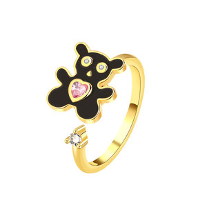 Anillos Abiertos Giratorios con Diseño de Oso de Peluche y Gota de Pegamento Negra, Engaste de Bisel, Zirconia Cúbica Rosa con Corte Corazón, Bañado en Oro sobre Cobre, Joyería Antiestrés - Product Image 5