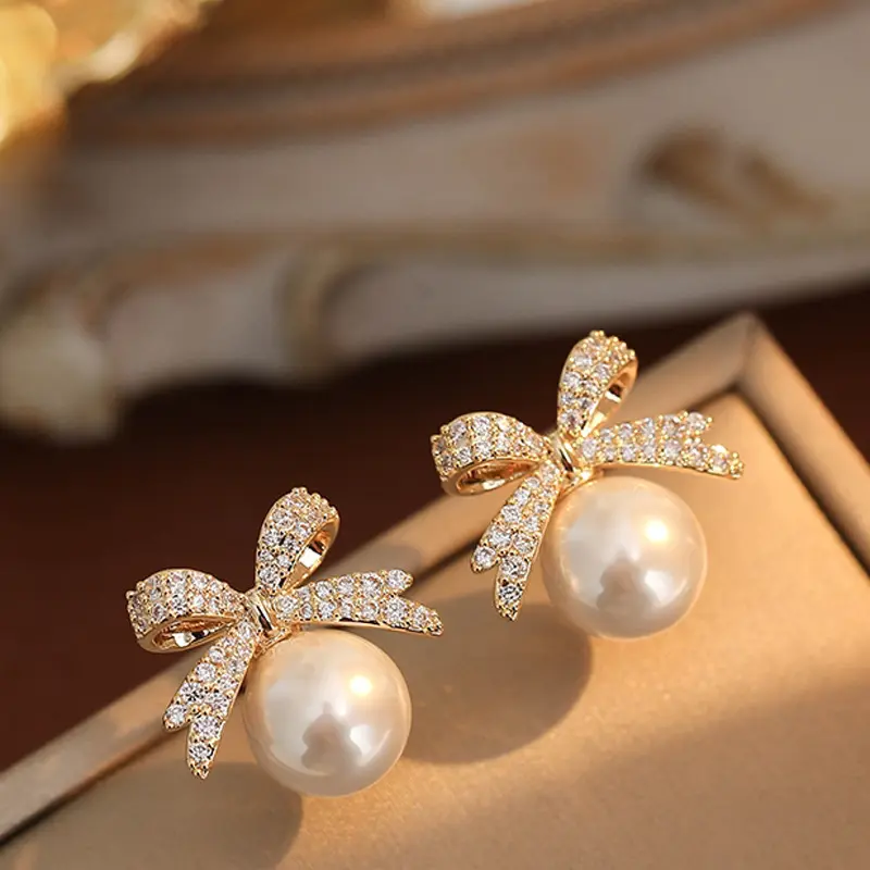 Fashion Bow Rhinestone Pearl Stud Earrings For Women Exquisite Refined Grace Gold Jewelry Wholesale