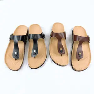 PU Leather Men Open Toe Waterproof Flat T Strap Adjustable Buckle Strap Indoor Outdoor PVC Cork Sole Birken Design Slipper Slide