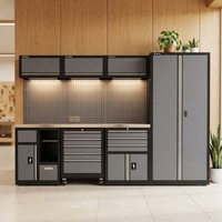 Ensemble de rangement personnalisable 10 pièces pour garage avec îlot de travail autoportant, doubles armoires et panneau perforé LED