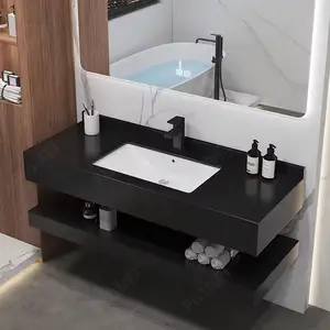 Modern Hotel Wall Mount Marble Sintered Stone Bathroom Vanities Porcelain Wash Basin Cabinet With Mirror