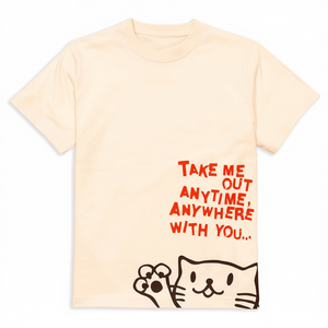 T-shirt SCOPY a maniche corte con stampa gatto, colore naturale, design 'Take Me Out Anytime Anywhere With You' - Product Image 2
