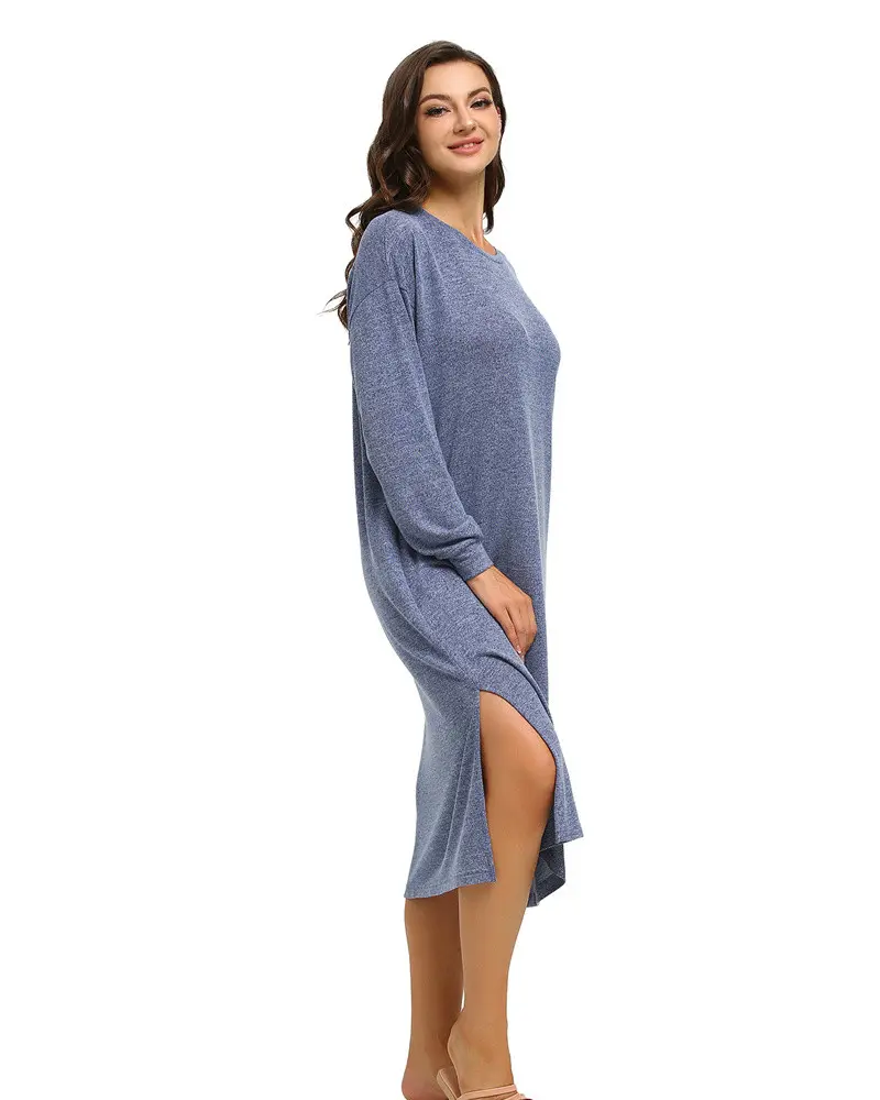Por Mayor Women Long Sleeve Night Dress with Split Hemline Loose Sleepwear Casual Nightgown for Woman