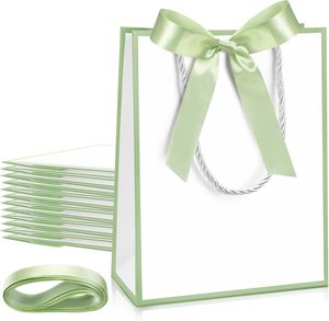 Sacchetti Regalo Bianchi con Manico e Fiocco in Verde Salvia per Festività, Capodanno, San Valentino, Matrimoni e Addii al Nubilato - Product Image 1